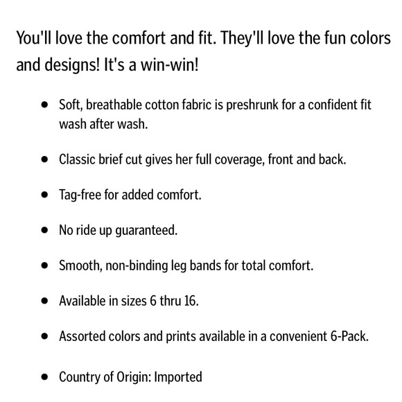 Hanes—Girls' Breathable Cotton Tagless Briefs 6-Pack (SZ 6) NWT - Picture 6 of 6